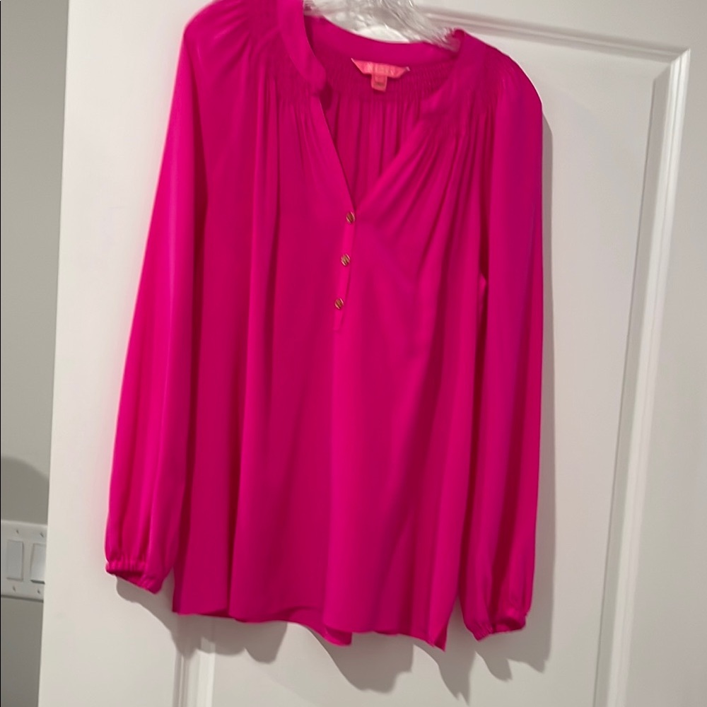 Pink Relaxed Buttoned Blouse with Mandarin Collar